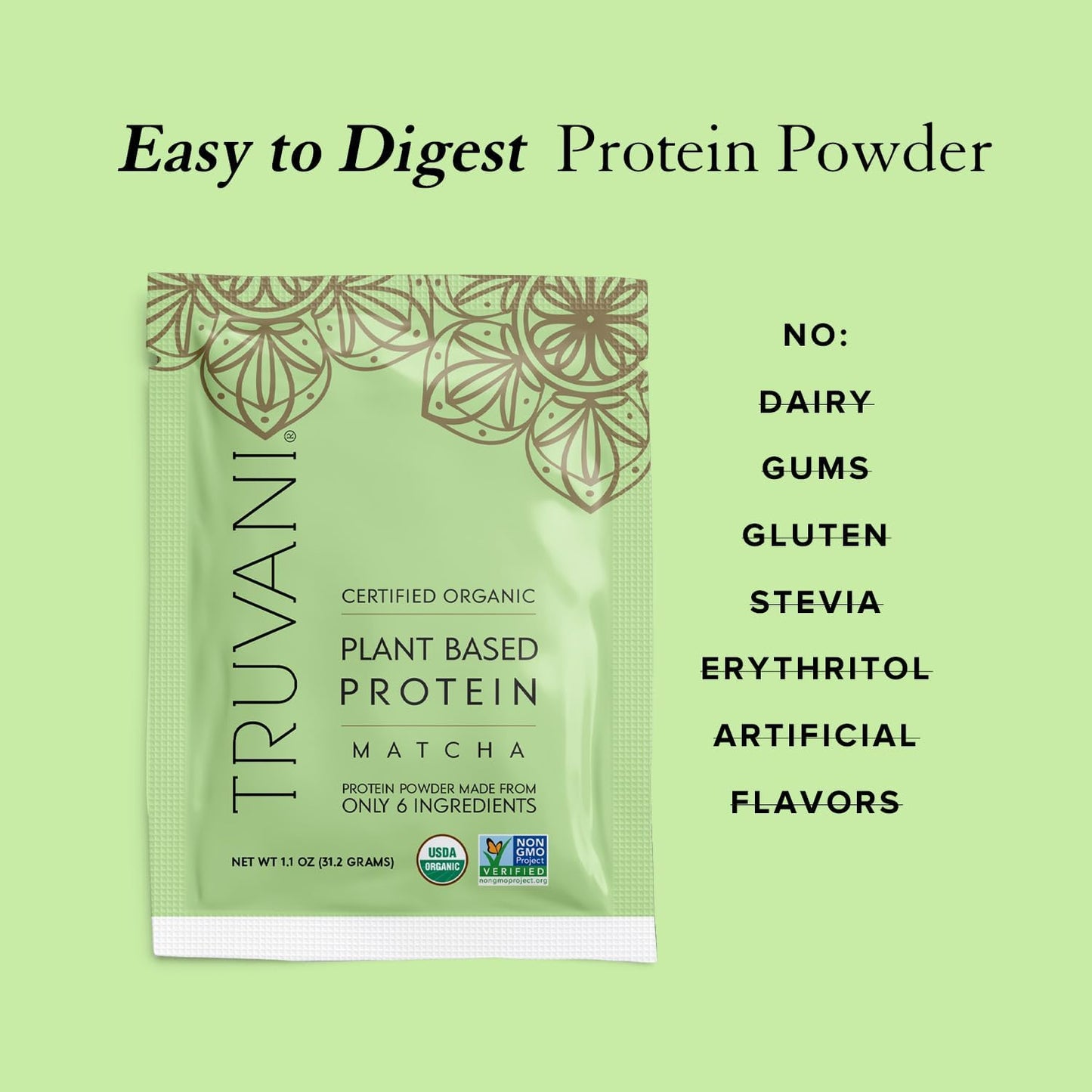 Organic Truvani Vegan Pea Protein Powder with Matcha - 20g Plant-Based Protein, 10 Travel Packets, Keto-Friendly, Gluten & Dairy Free, Low Carb, No Sugar Added