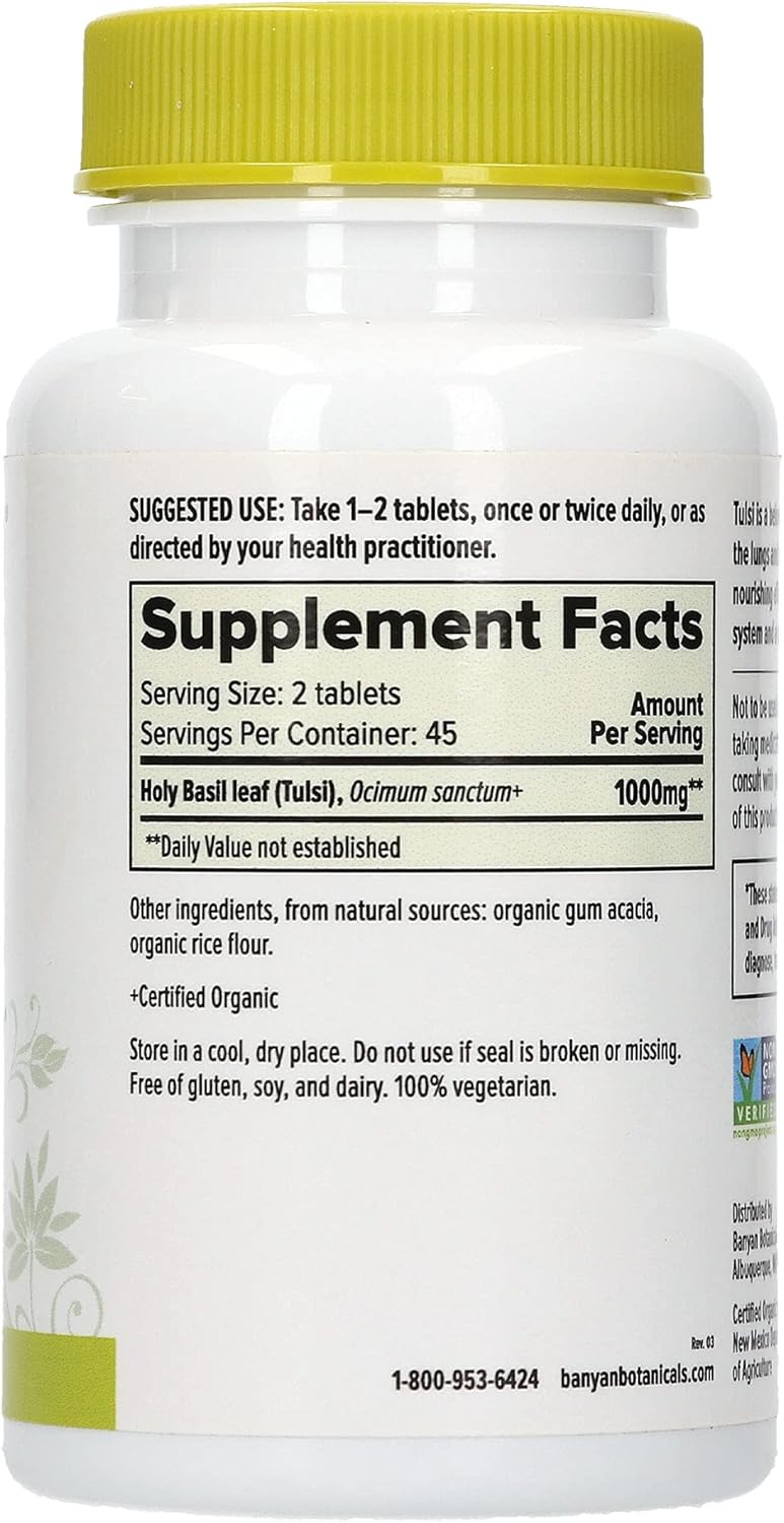 Organic Tulsi Tablets - Adaptogen Supplement for Lung, Heart, Digestive Health - Stress Relief & Inflammation Support - 90 ct.