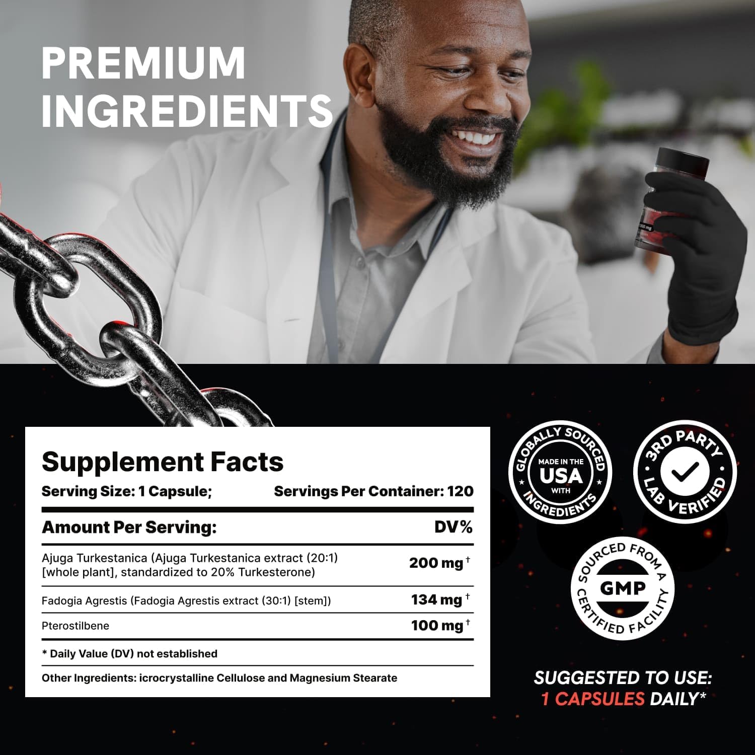 Organic Turkesterone Supplement for Men - Muscle Growth Formula with Fadogia Agrestis, Pterostilbene | 120 Count Powder