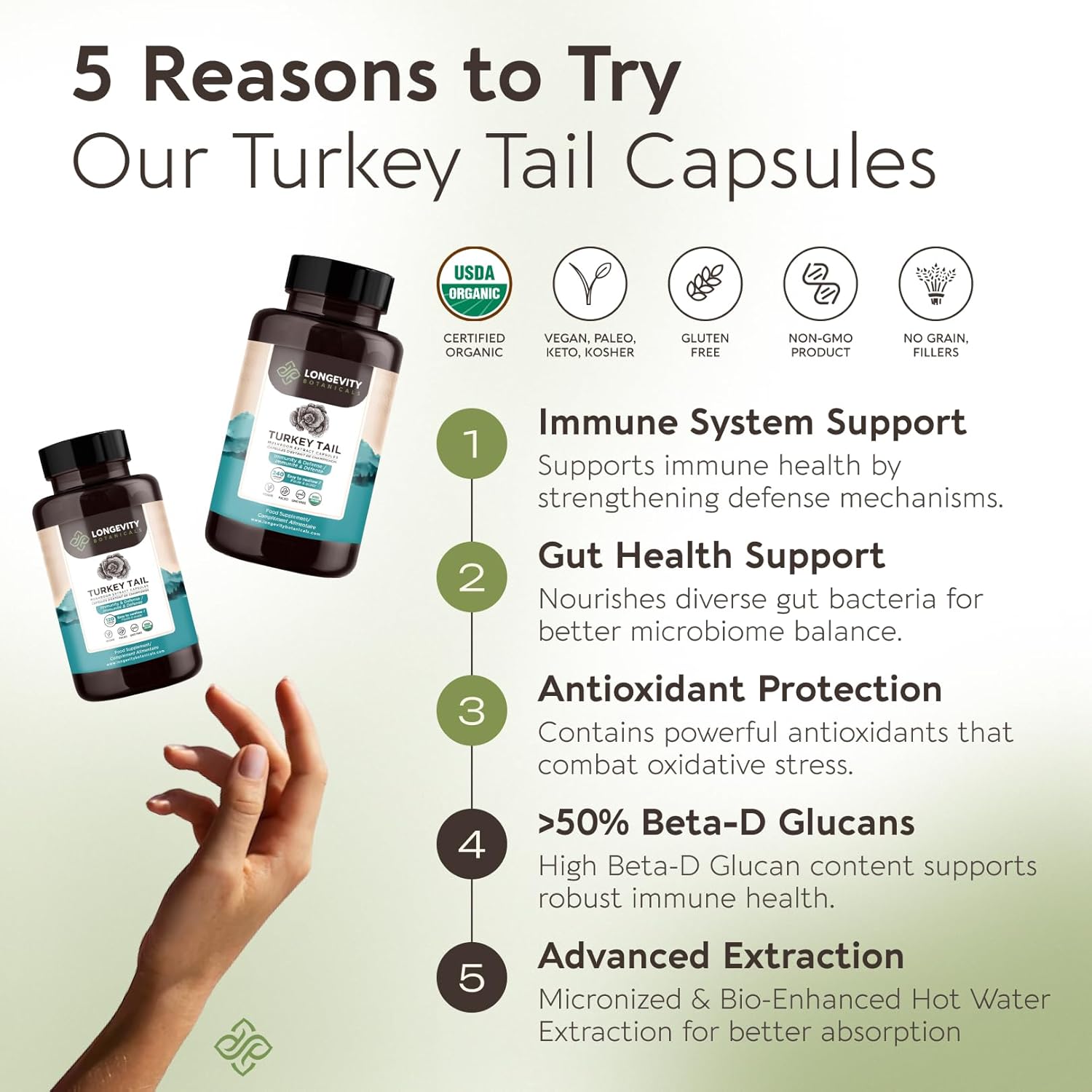 Organic Turkey Tail Mushroom Capsules - Ultra Concentrated Supplement for Immune and Digestive Health - 100% Fruiting Body - 120 Count