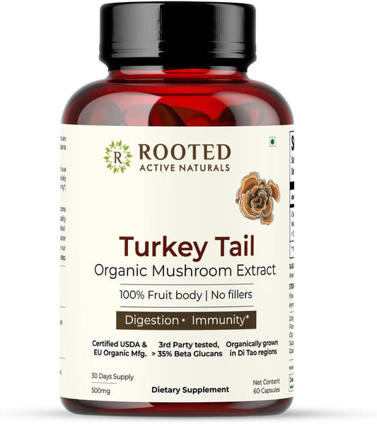 Organic Turkey Tail Mushroom Capsules for Heart Health, Stress Relief, Liver Support - 500 mg, 60 Veg Caps - USDA Certified, 35% Beta Glucans