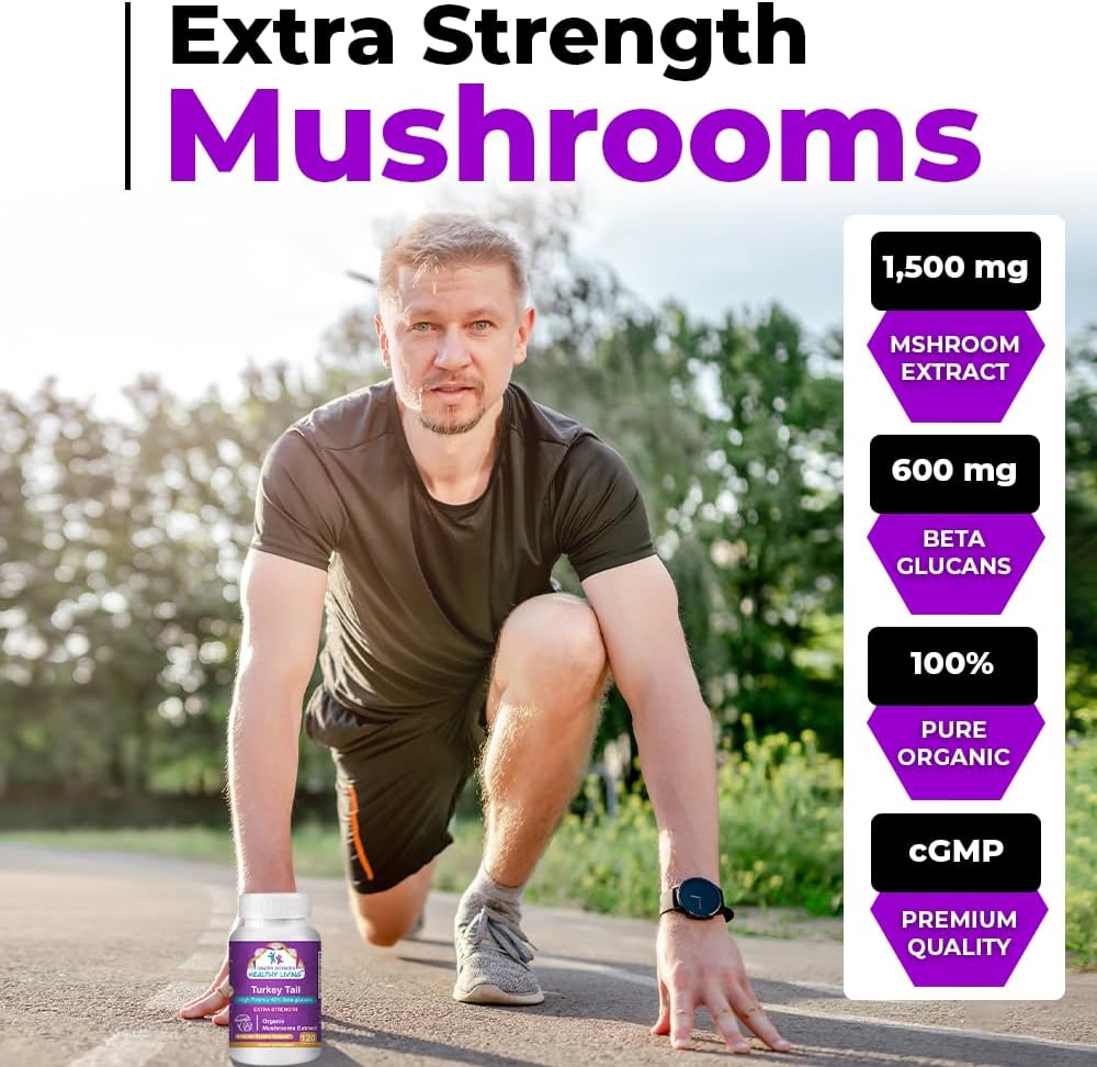 Organic Turkey Tail Mushroom Supplement 1500mg - High Potency Beta-Glucans for Gut Health & Immune Support - 120 Capsules