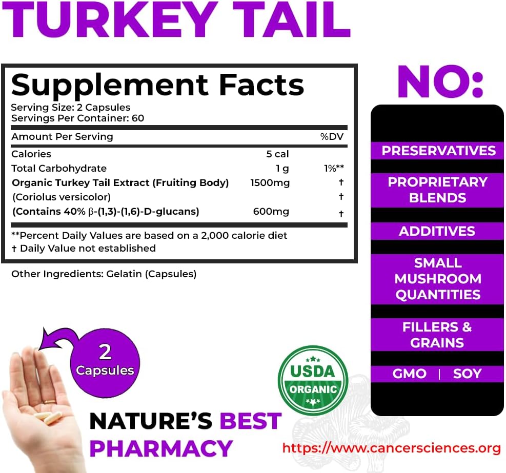 Organic Turkey Tail Mushroom Supplement 1500mg - High Potency Beta-Glucans for Gut Health & Immune Support - 120 Capsules