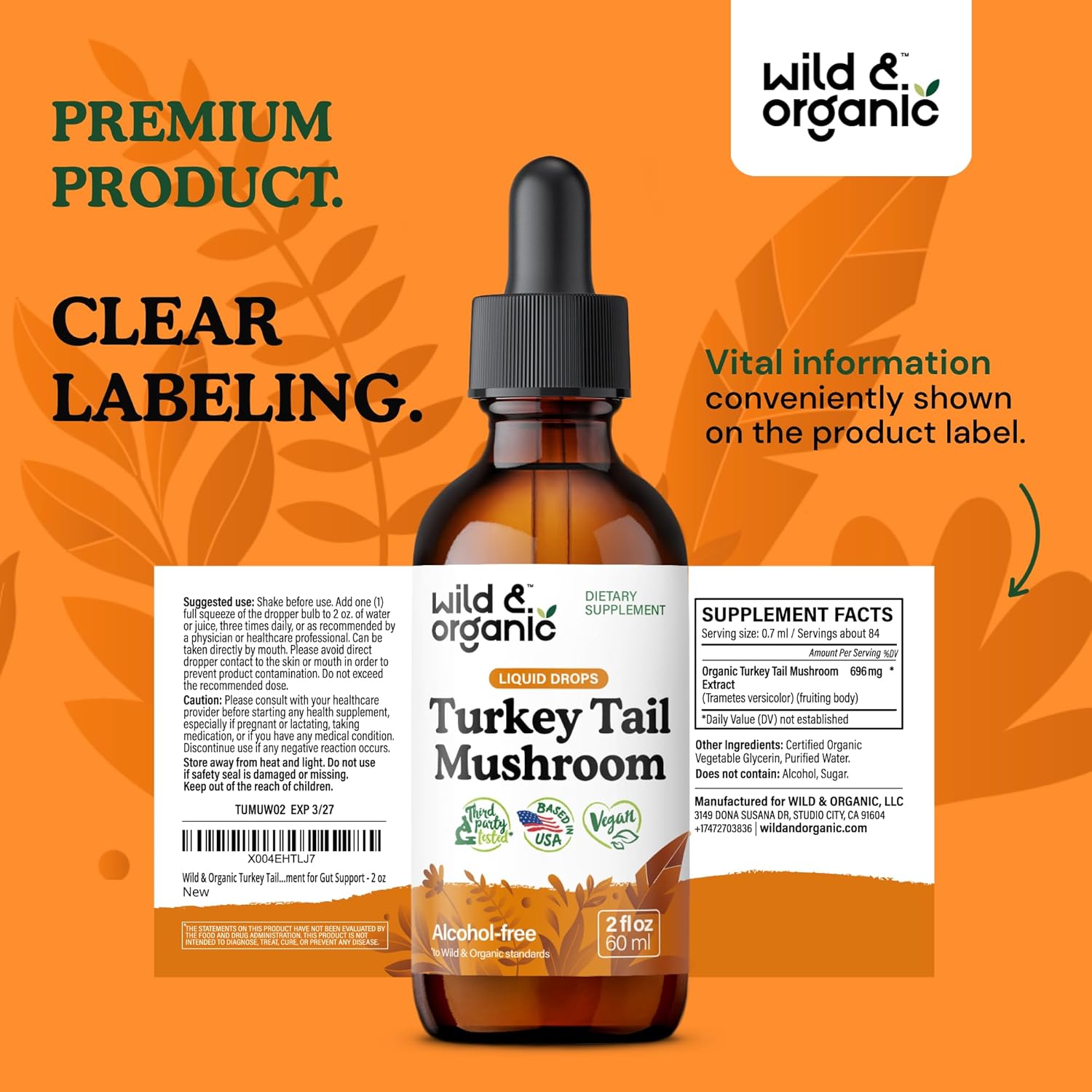 Organic Turkey Tail Mushroom Tincture for Immune & Gut Support - Vegan Liquid Extract Drops - 2 fl oz