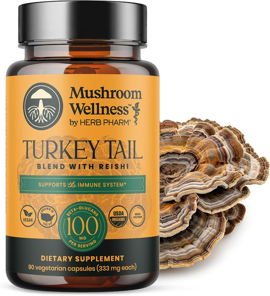 Organic Turkey Tail & Reishi Mushroom Capsules for Immune Support, Energy & Vitality - Herb Pharm Mushroom Wellness Blend, 90 Vegan Capsules