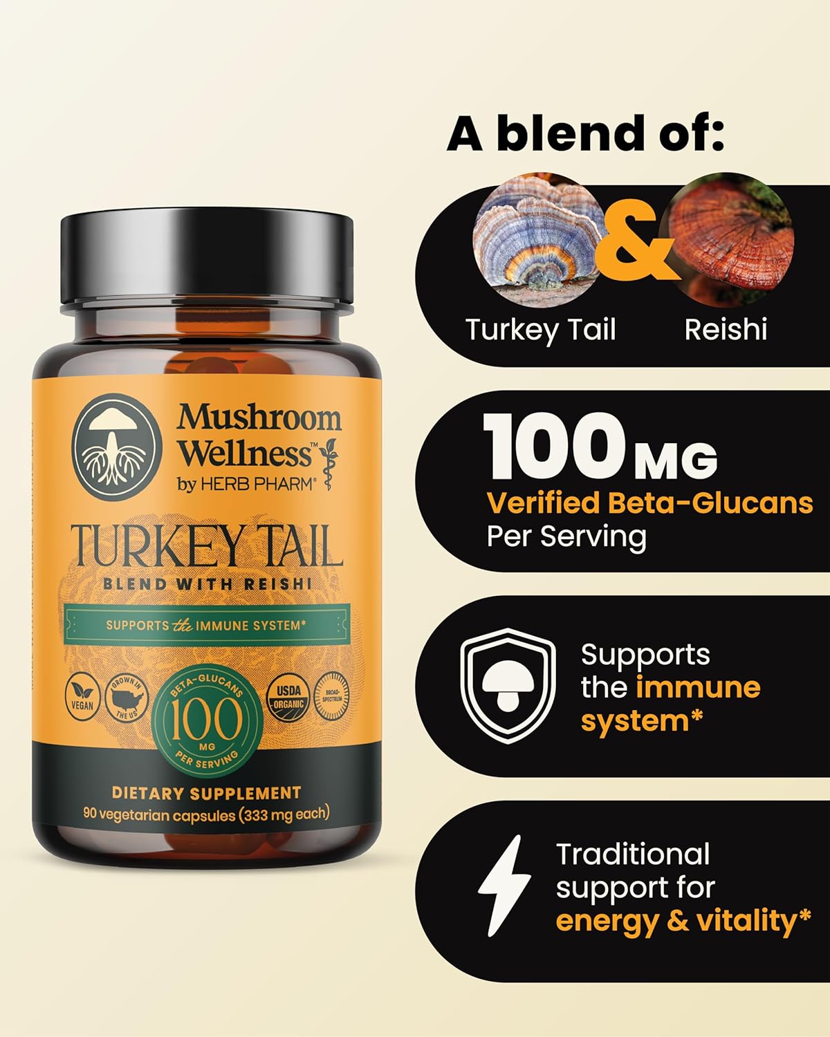 Organic Turkey Tail & Reishi Mushroom Capsules for Immune Support, Energy & Vitality - Herb Pharm Mushroom Wellness Blend, 90 Vegan Capsules