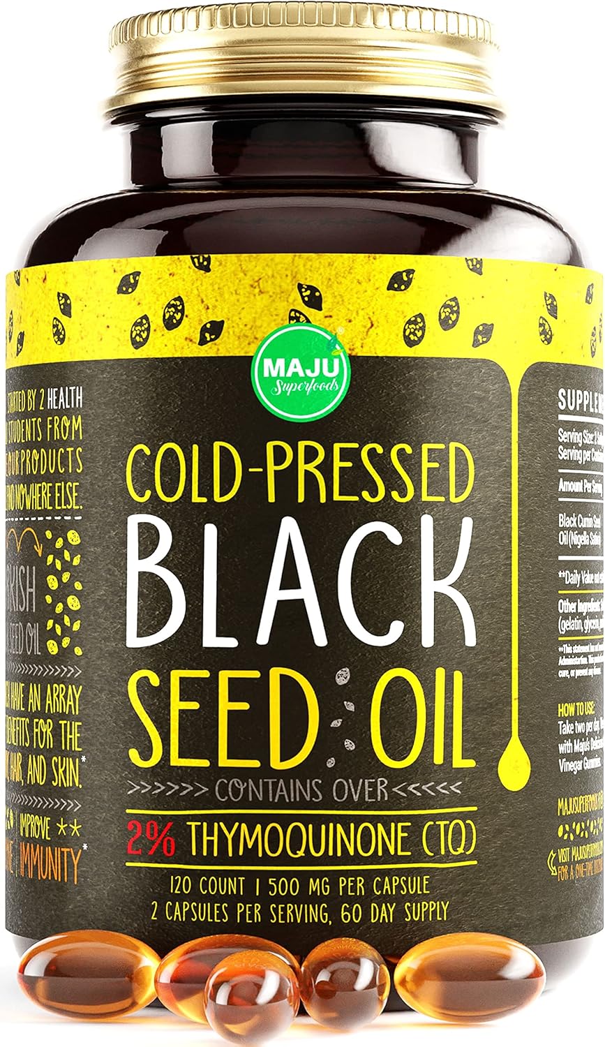 Organic Turkish Black Seed Oil Capsules with 2% Thymoquinone - Cold Pressed Liquid Black Cumin Nigella Sativa Seed Oil - 120 Count, 500mg per Capsule