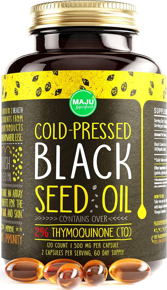 Organic Turkish Black Seed Oil Capsules with 2% Thymoquinone - Cold Pressed Liquid Black Cumin Nigella Sativa Seed Oil - 120 Count, 500mg per Capsule