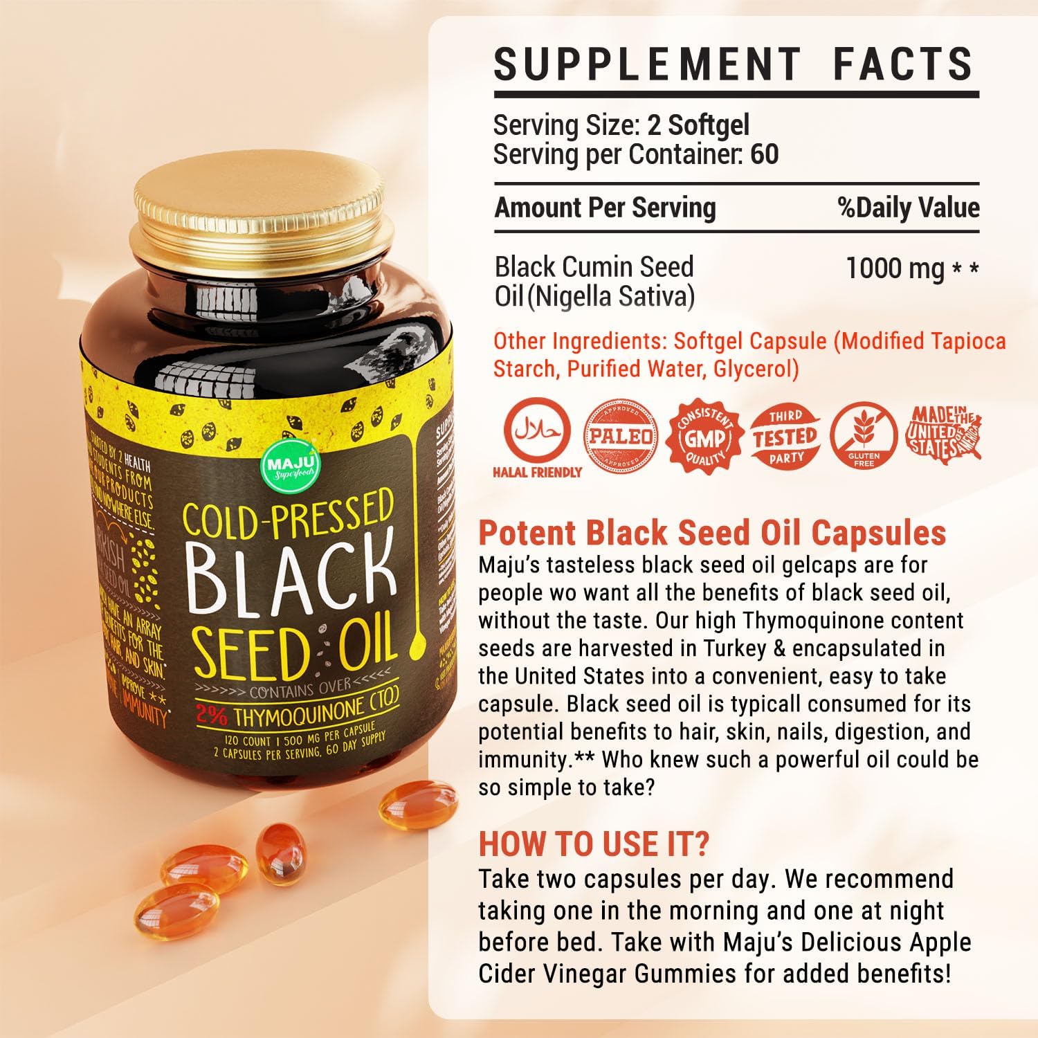 Organic Turkish Black Seed Oil Capsules with 2% Thymoquinone - Cold Pressed Liquid Black Cumin Nigella Sativa Seed Oil - 120 Count, 500mg per Capsule