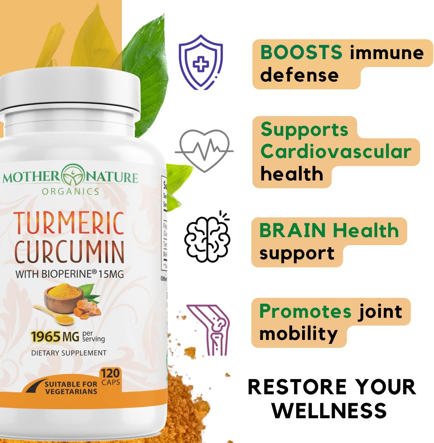 Organic Turmeric Capsules with BioPerine for Joint Support - 1965mg High-Potency with 95% Curcuminoids - Vegan, Non-GMO - Mother Nature Organics