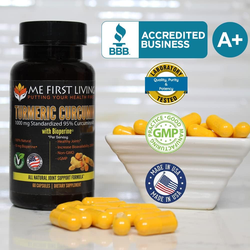 Organic Turmeric Curcumin 1000mg with Bioperine, 95% Curcuminoids, Enhanced Absorption, Non-GMO, Vegan, Gluten Free - 60 Capsules