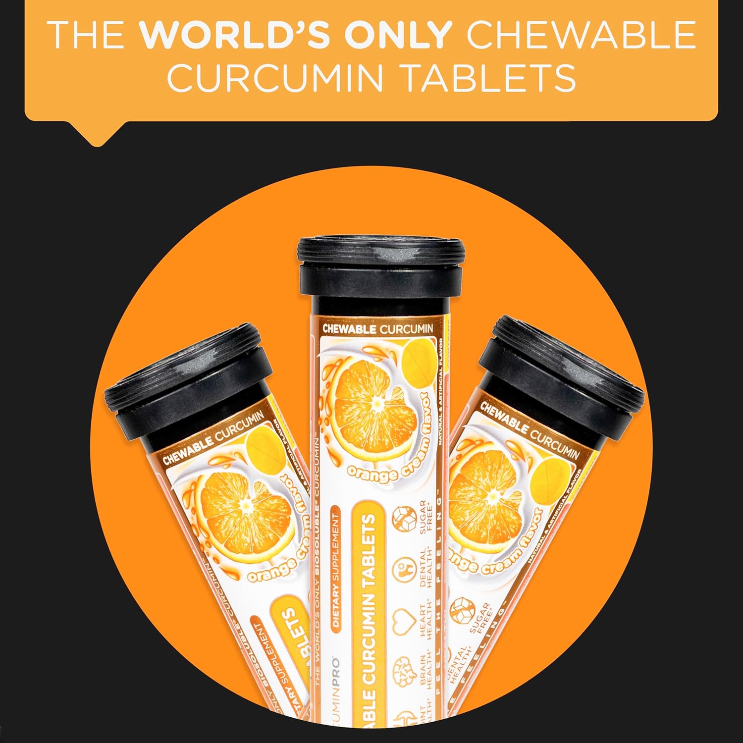 Organic Turmeric Curcumin Chewable Tablets | BioSoluble | Sugar-Free | Orange Cream Flavor | 18 Count | Joint Support