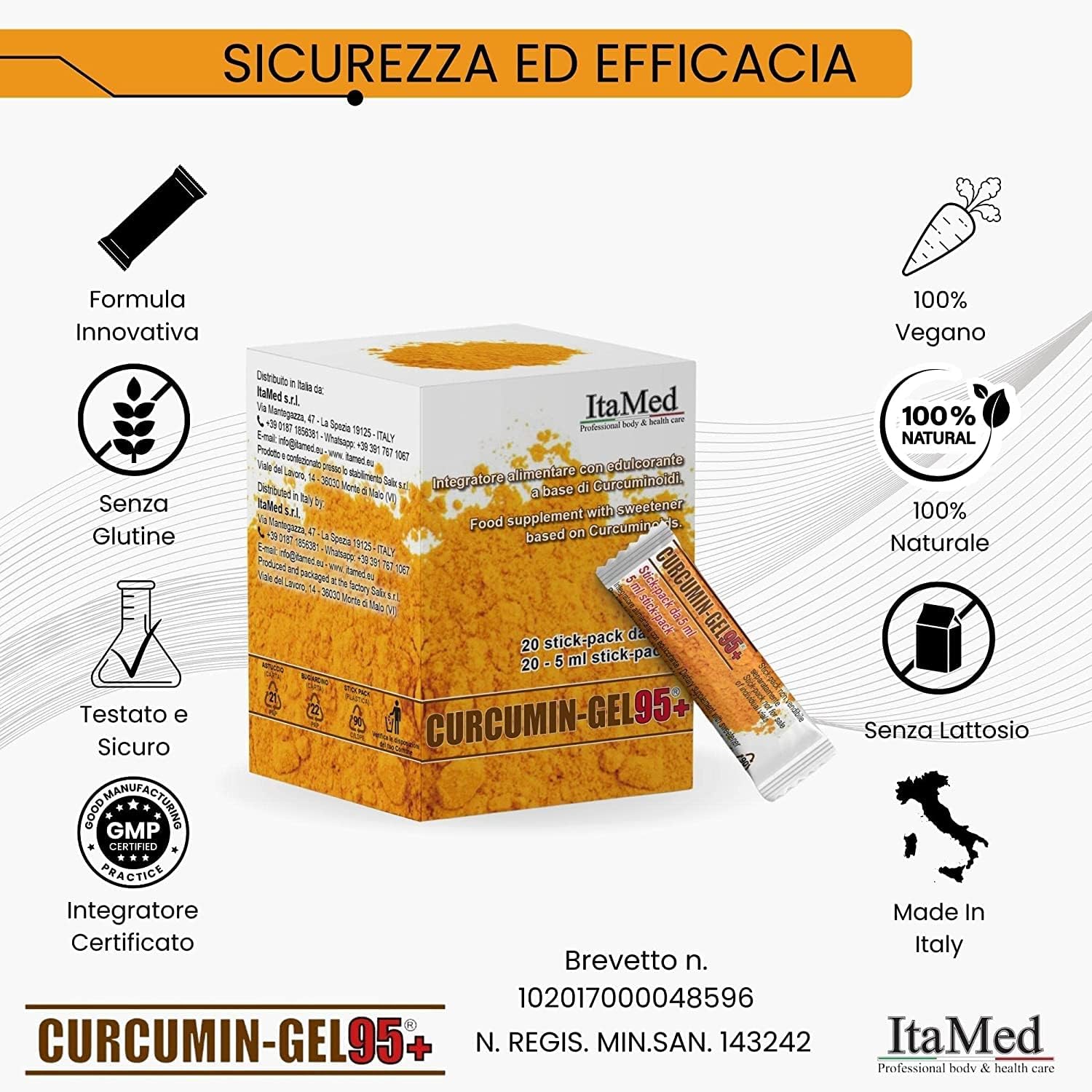 Organic Turmeric Curcumin Supplement Gel with HGC-C Complex - 95% Curcumin Powder - Enhanced Bioavailability - 20 Stick-Packs - ItaMed S.R.L.