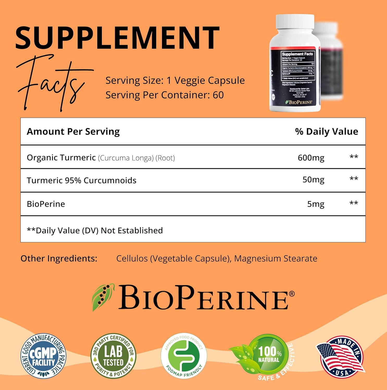 Organic Turmeric Curcumin Supplement with BioPerine for Daily Joint & Body Support - Vegan, Non GMO, Gluten Free - Extra Strength 1200mg