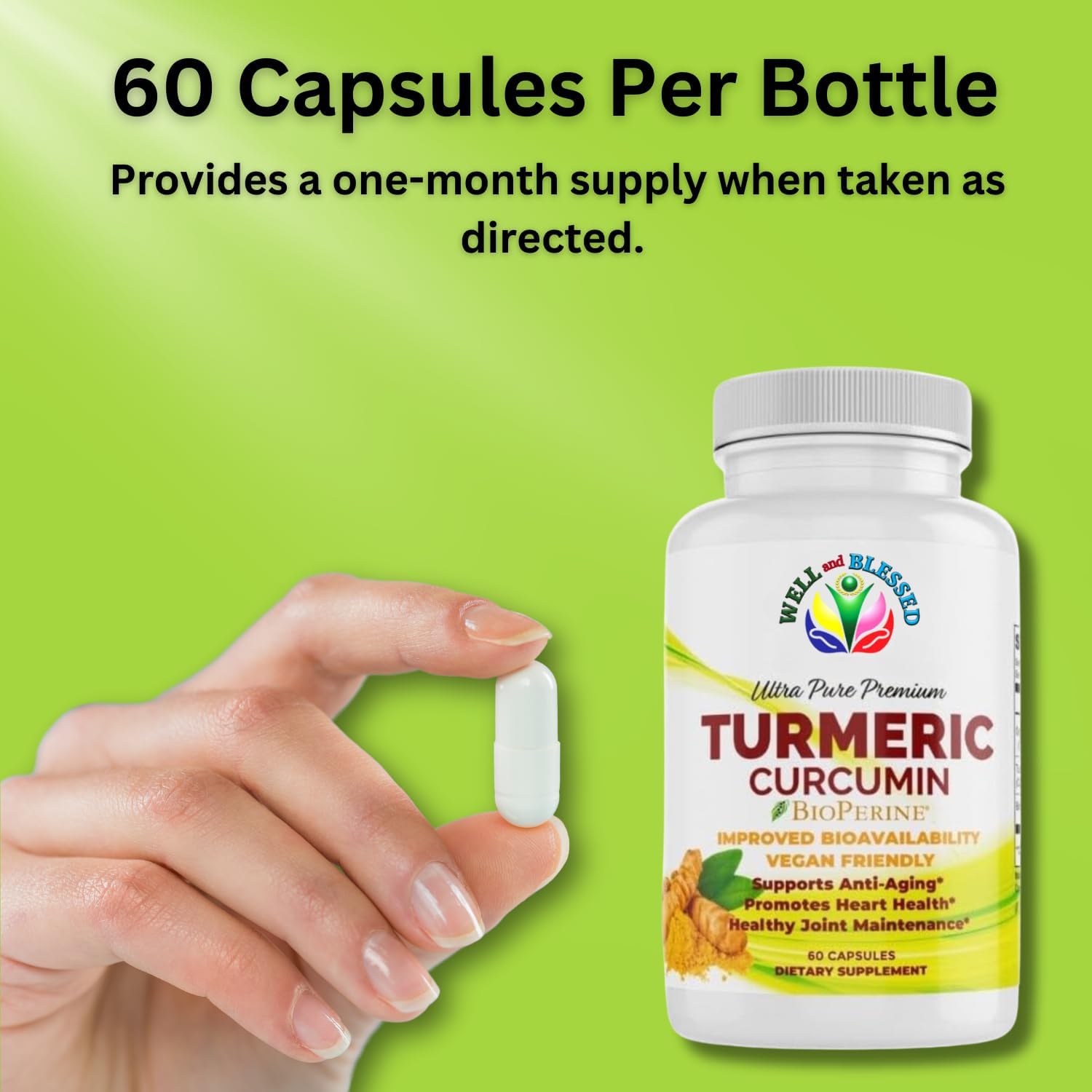Organic Turmeric Curcumin Supplement with BioPerine - 60 Capsules - Vegan Friendly - Enhanced Absorption for Daily Joint and Heart Support