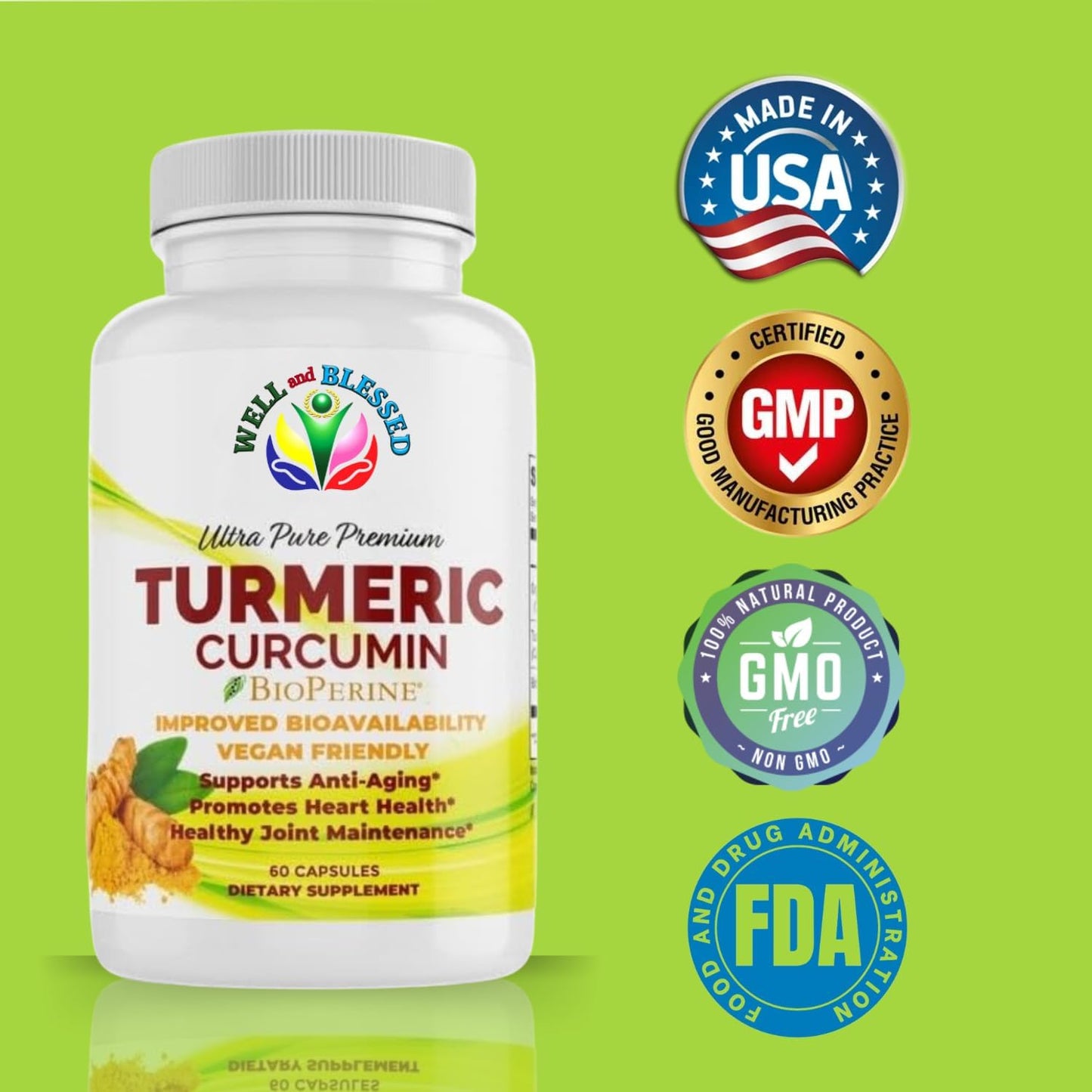 Organic Turmeric Curcumin Supplement with BioPerine - 60 Capsules - Vegan Friendly - Enhanced Absorption for Daily Joint and Heart Support