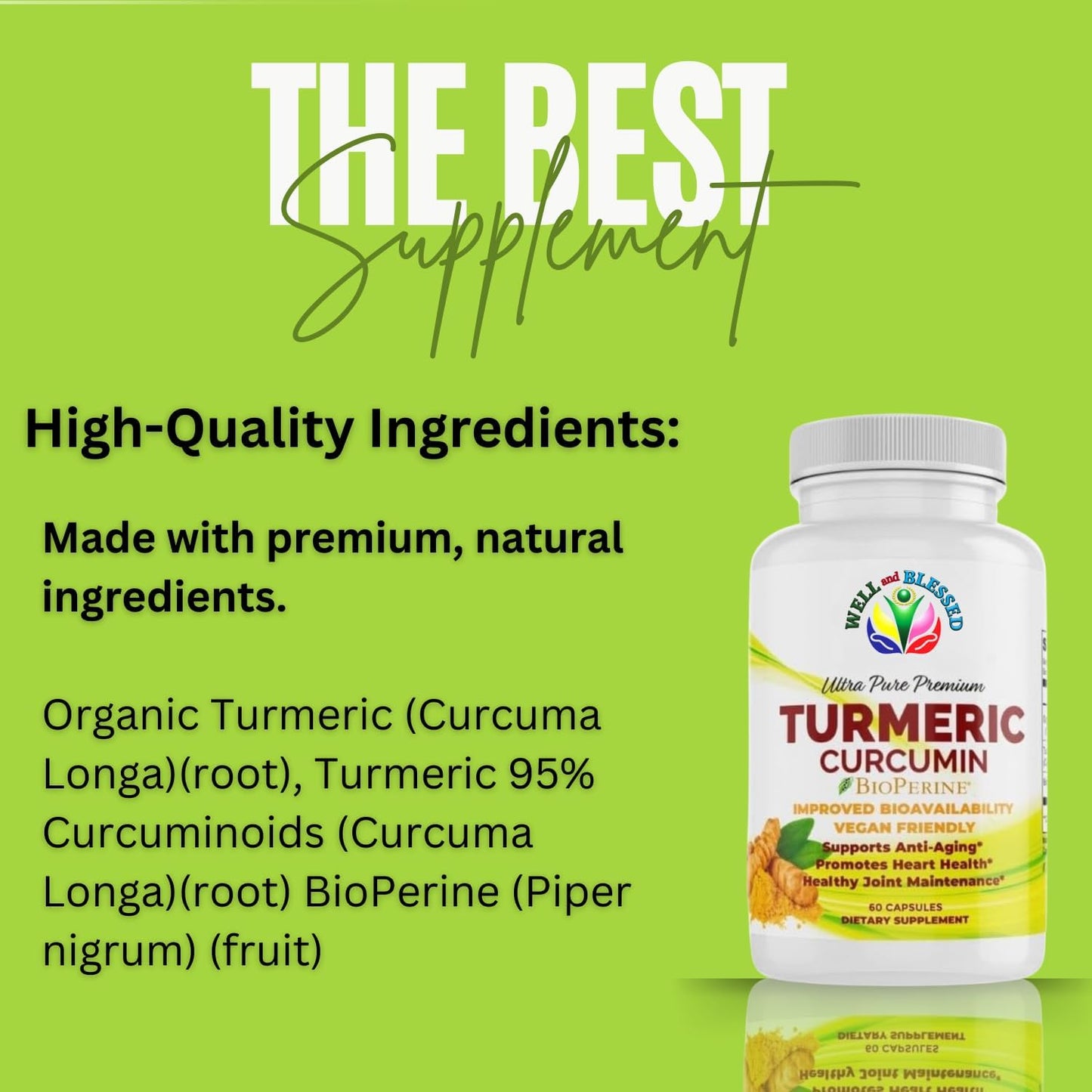 Organic Turmeric Curcumin Supplement with BioPerine - 60 Capsules - Vegan Friendly - Enhanced Absorption for Daily Joint and Heart Support