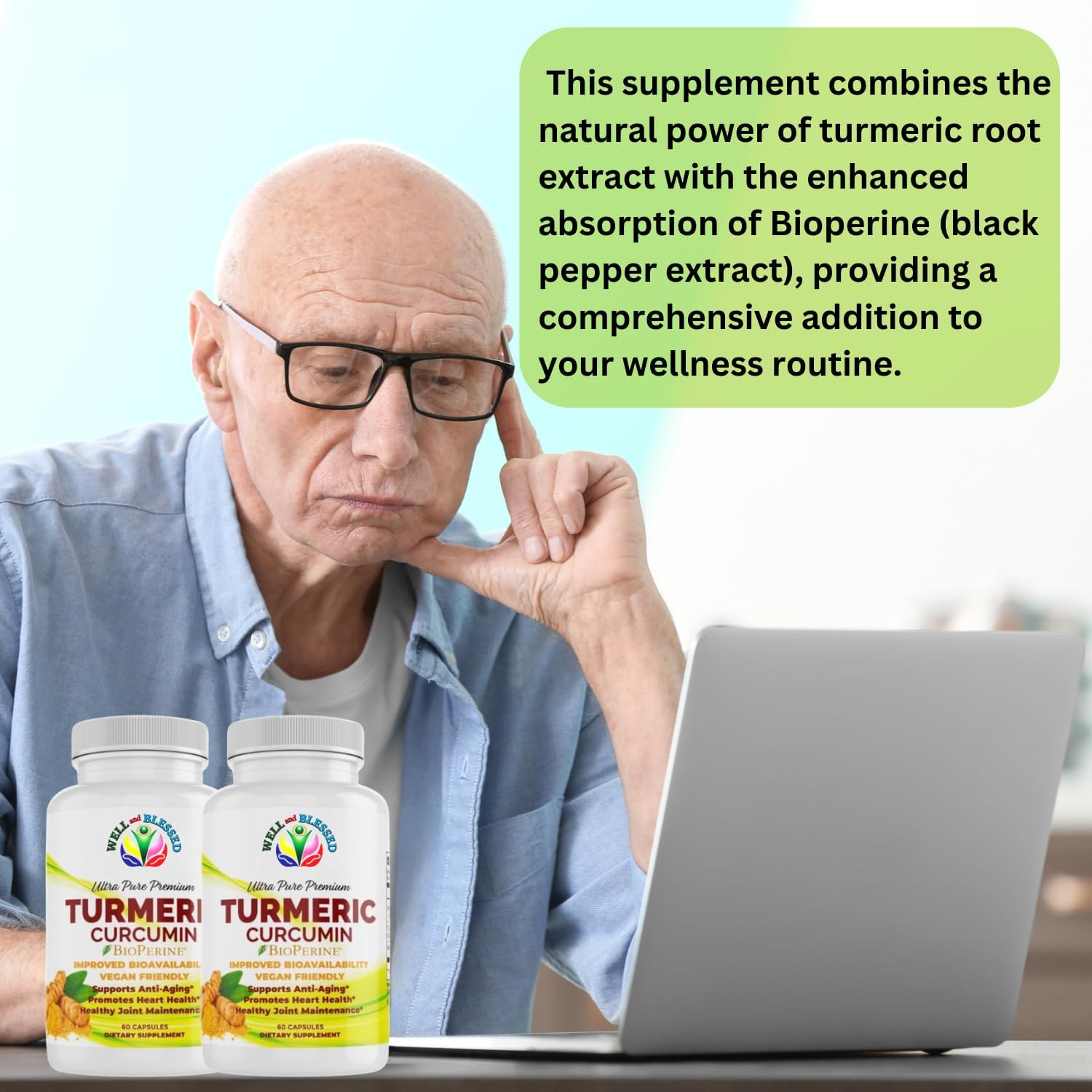 Organic Turmeric Curcumin Supplement with BioPerine - 60 Capsules - Vegan Friendly - Enhanced Absorption for Daily Joint and Heart Support