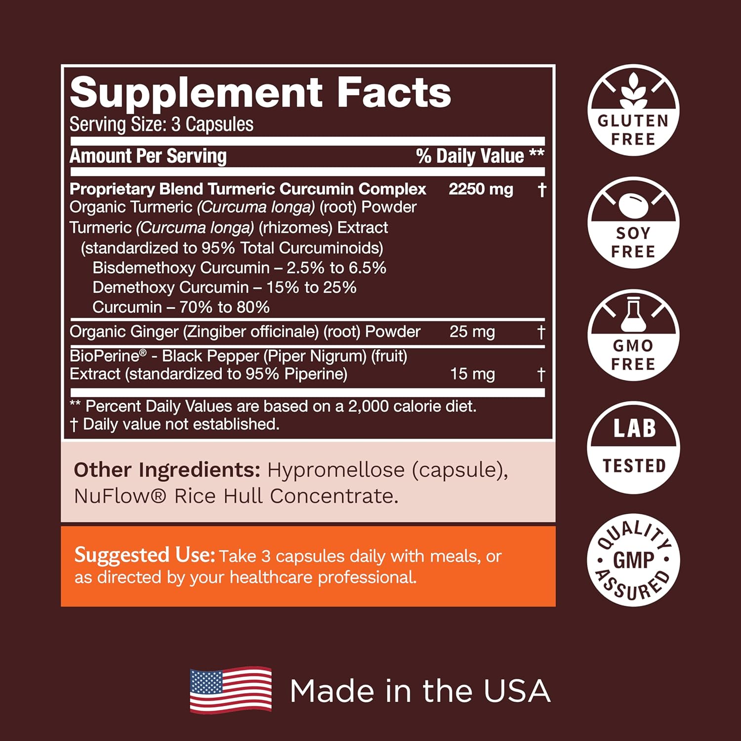 Organic Turmeric Curcumin Supplement with Black Pepper & Ginger, Enhanced Absorption for Joint & Immune Support - 180 Cap, 2250mg