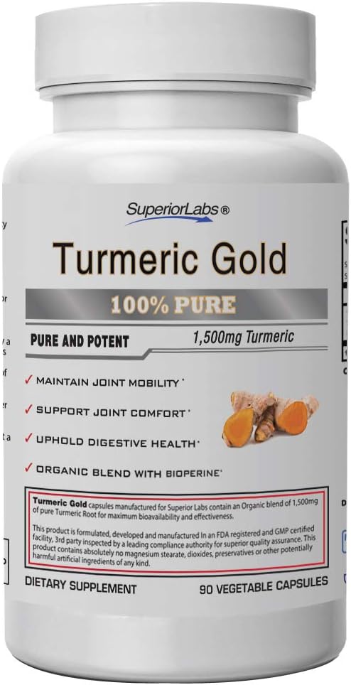 Organic Turmeric Curcumin with BioPerine - 1500mg Pure NonGMO Blend for Joints, Knees, Hips, Immune System - Superior Labs Formula with 95% Curcuminoids and Zero Synthetic Additives