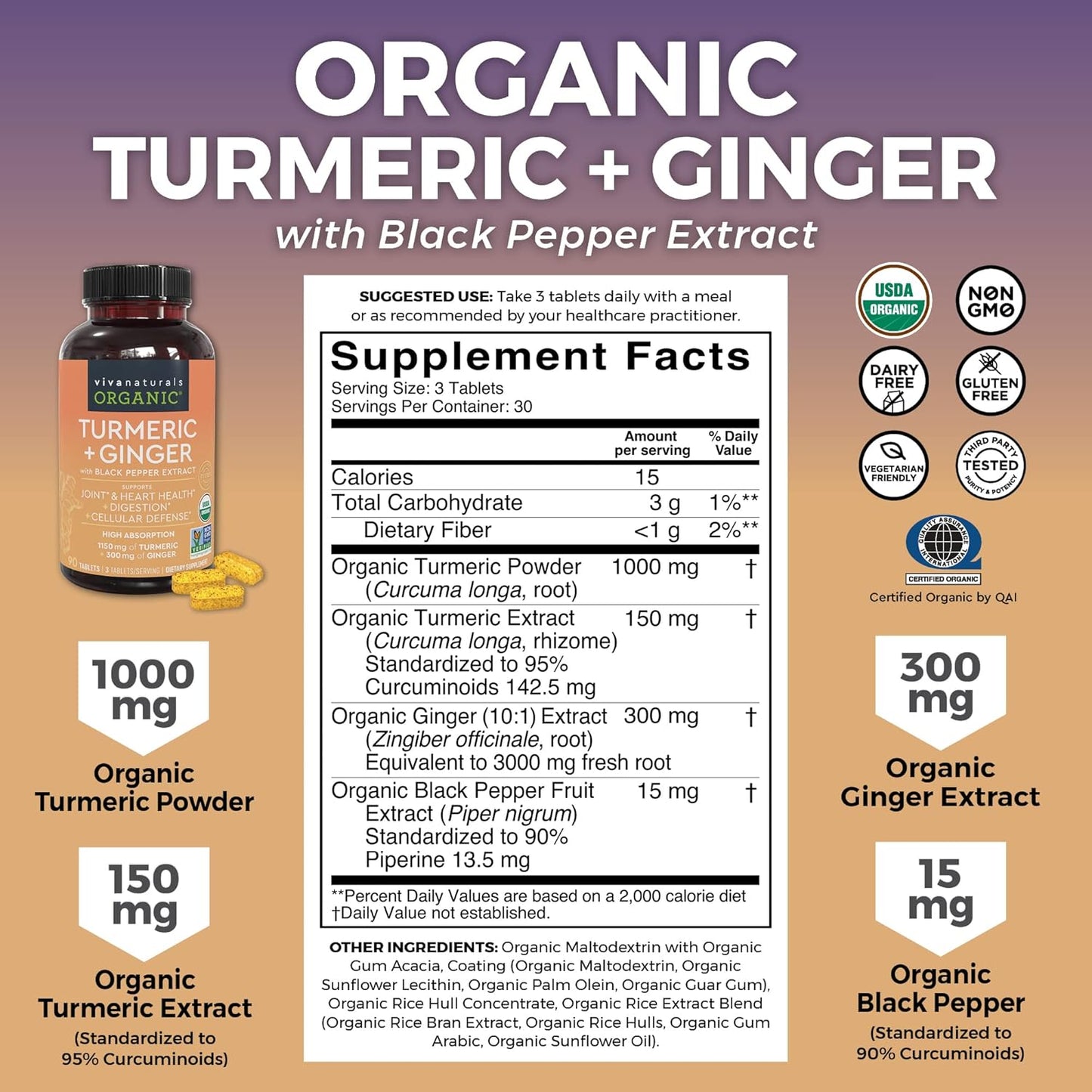 Organic Turmeric Curcumin with Black Pepper, Ginger, Elderberry & Essential Vitamins for Joint, Immune, Heart & Digestive Support