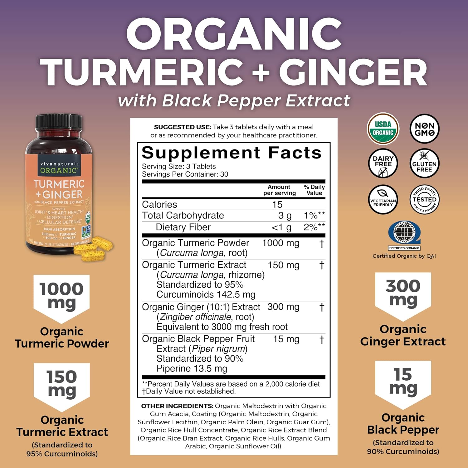 Organic Turmeric Curcumin with Black Pepper, Ginger, Elderberry & Essential Vitamins for Joint, Immune, Heart & Digestive Support