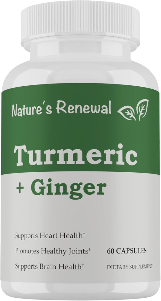 Organic Turmeric + Ginger Herbal Supplement with Bioperine for Joint Support - 95% Standardized Curcuminoids, 60 Capsules