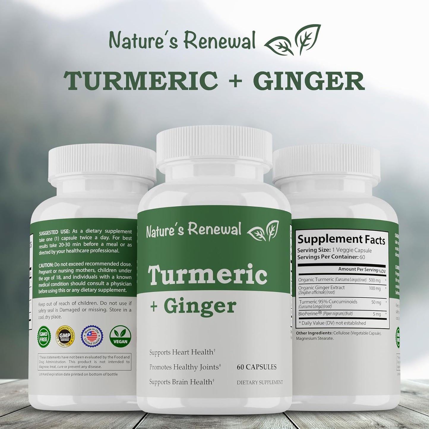 Organic Turmeric + Ginger Herbal Supplement with Bioperine for Joint Support - 95% Standardized Curcuminoids, 60 Capsules