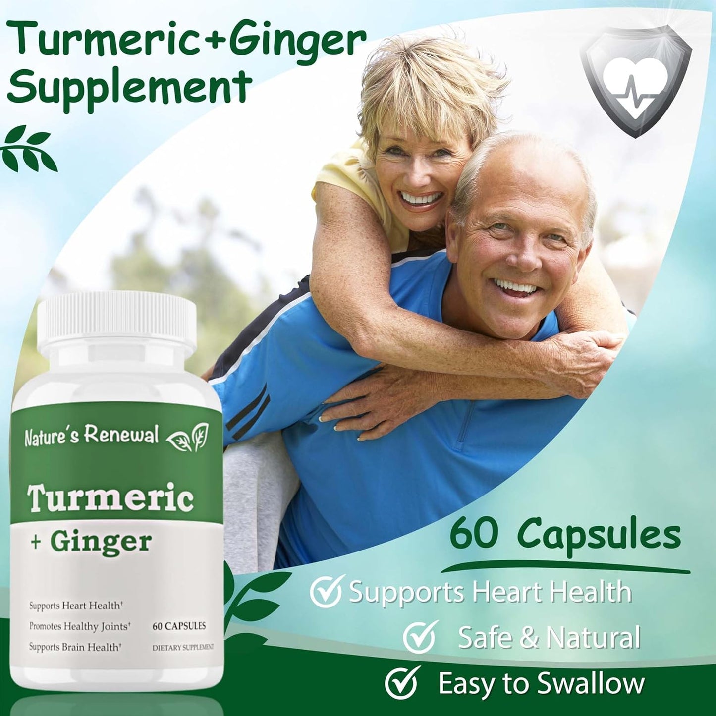 Organic Turmeric + Ginger Herbal Supplement with Bioperine for Joint Support - 95% Standardized Curcuminoids, 60 Capsules