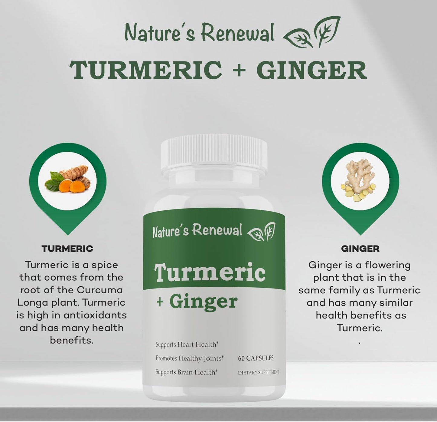 Organic Turmeric + Ginger Herbal Supplement with Bioperine for Joint Support - 95% Standardized Curcuminoids, 60 Capsules
