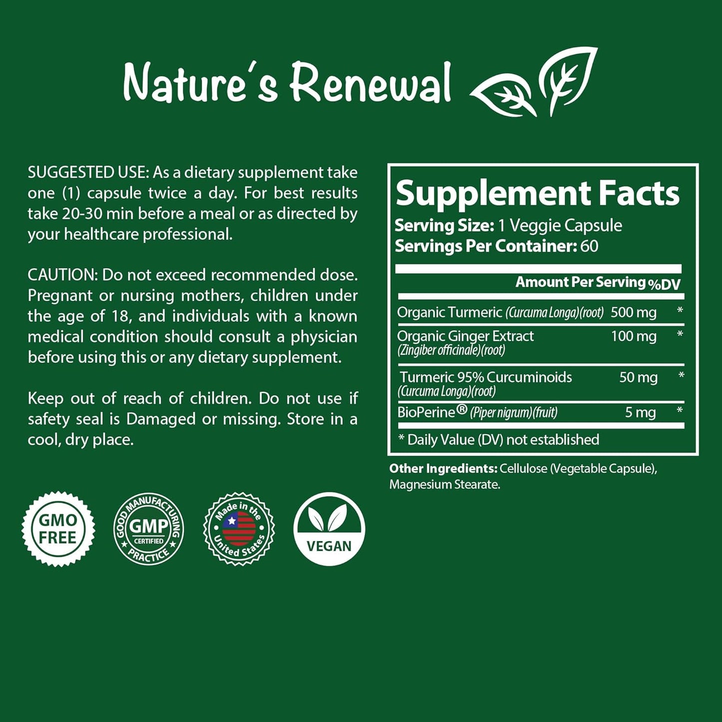 Organic Turmeric + Ginger Herbal Supplement with Bioperine for Joint Support - 95% Standardized Curcuminoids, 60 Capsules