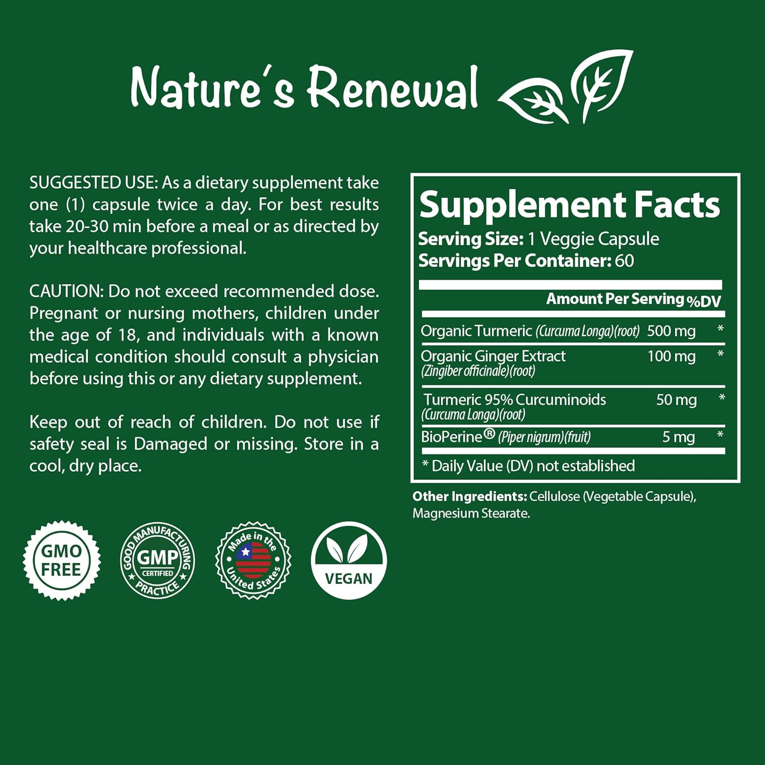 Organic Turmeric + Ginger Herbal Supplement with Bioperine for Joint Support - 95% Standardized Curcuminoids, 60 Capsules