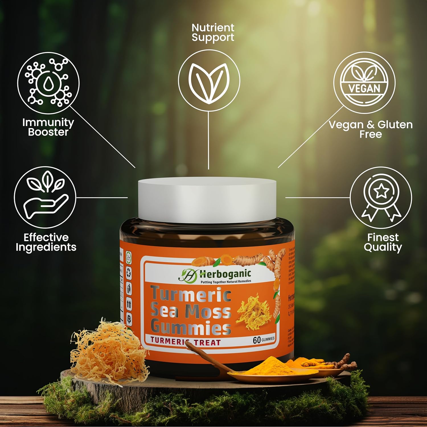 Organic Turmeric Sea Moss Gummies - Herbal Supplement for Skin & Energy Support with Sea Moss, Boost Immunity - 60 Gummies