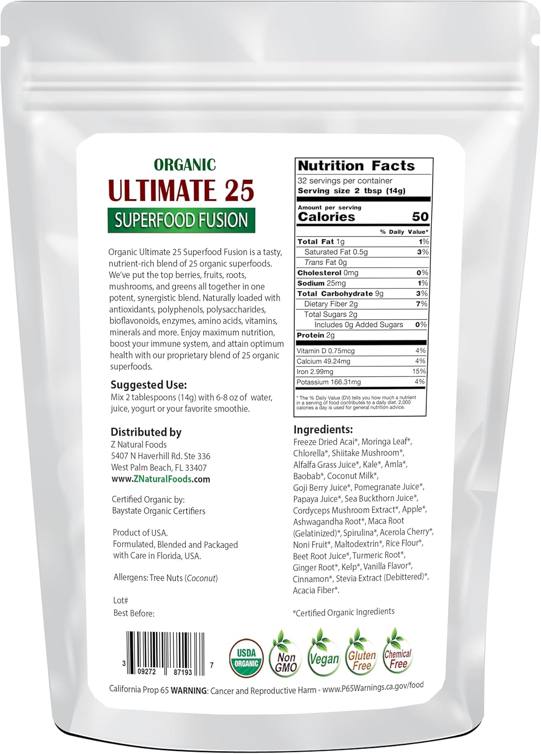Organic Ultimate 25 Superfood Fusion Blend Powder - Vegan, Non-GMO - 1 lbs