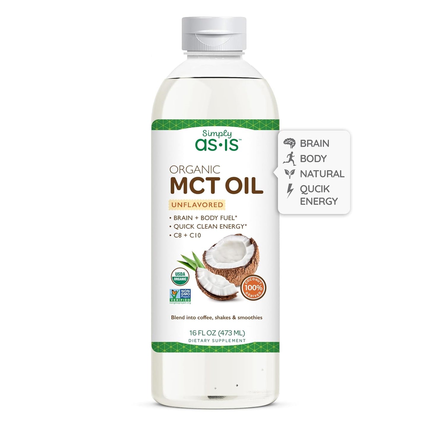 Organic Unflavored MCT Oil from Non-GMO Coconuts | Pure C8 & C10 | Ideal for Morning Coffee | Quick Clean Energy | 16 fl oz