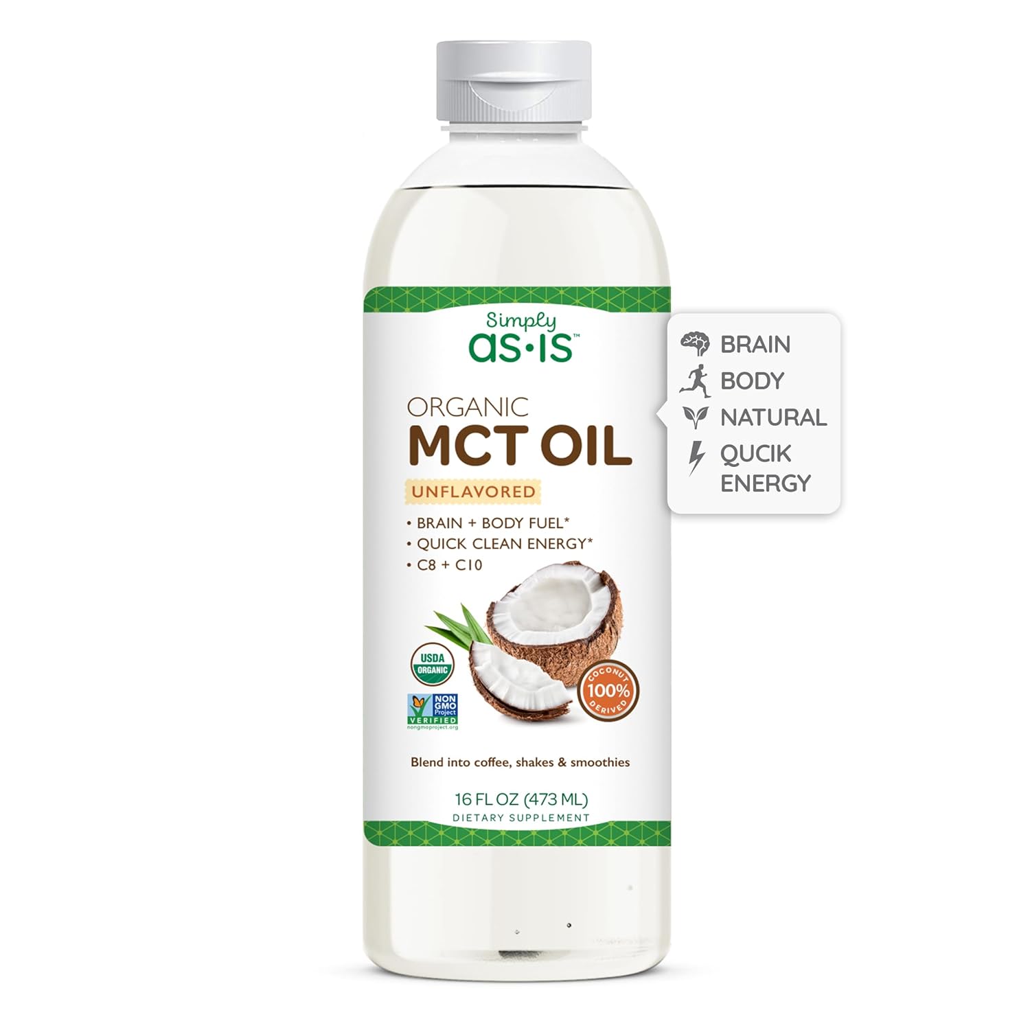Organic Unflavored MCT Oil from Non-GMO Coconuts | Pure C8 & C10 | Ideal for Morning Coffee | Quick Clean Energy | 16 fl oz