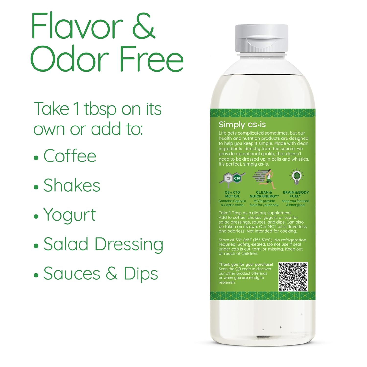 Organic Unflavored MCT Oil from Non-GMO Coconuts | Pure C8 & C10 | Ideal for Morning Coffee | Quick Clean Energy | 16 fl oz