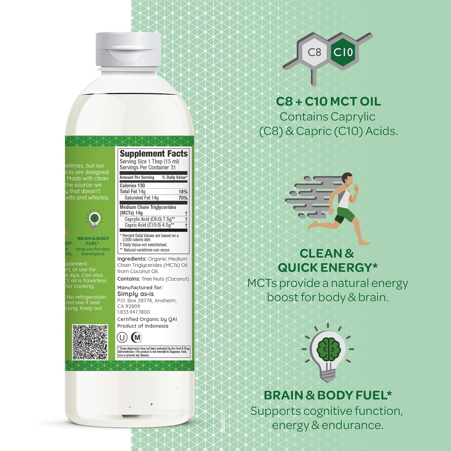 Organic Unflavored MCT Oil from Non-GMO Coconuts | Pure C8 & C10 | Ideal for Morning Coffee | Quick Clean Energy | 16 fl oz