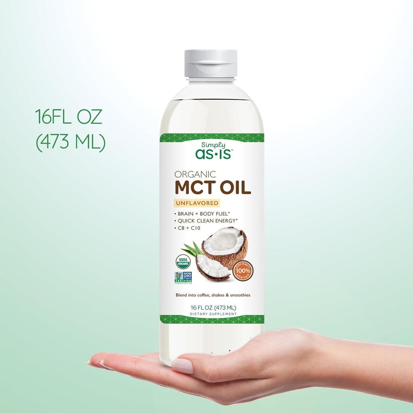 Organic Unflavored MCT Oil from Non-GMO Coconuts | Pure C8 & C10 | Ideal for Morning Coffee | Quick Clean Energy | 16 fl oz