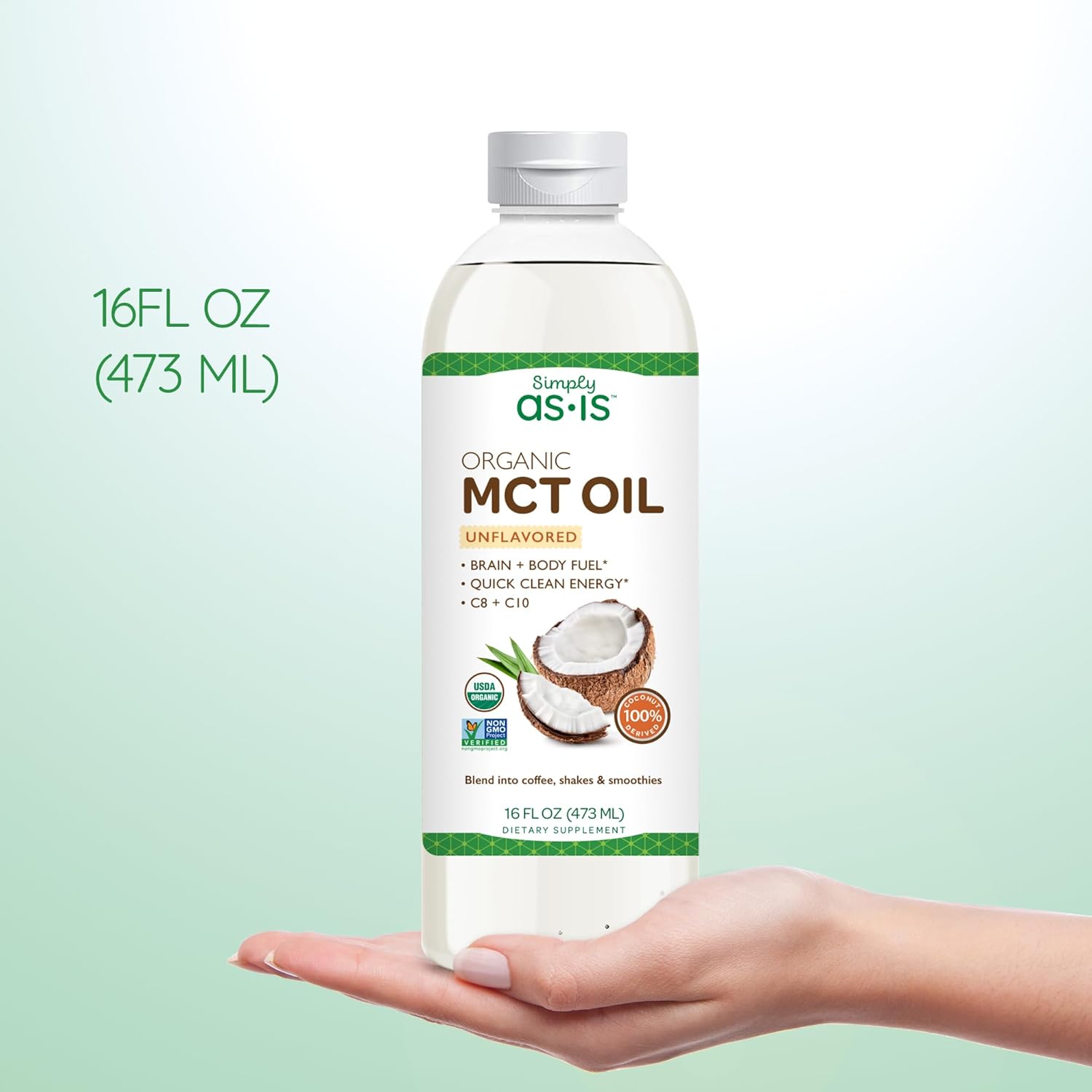 Organic Unflavored MCT Oil from Non-GMO Coconuts | Pure C8 & C10 | Ideal for Morning Coffee | Quick Clean Energy | 16 fl oz