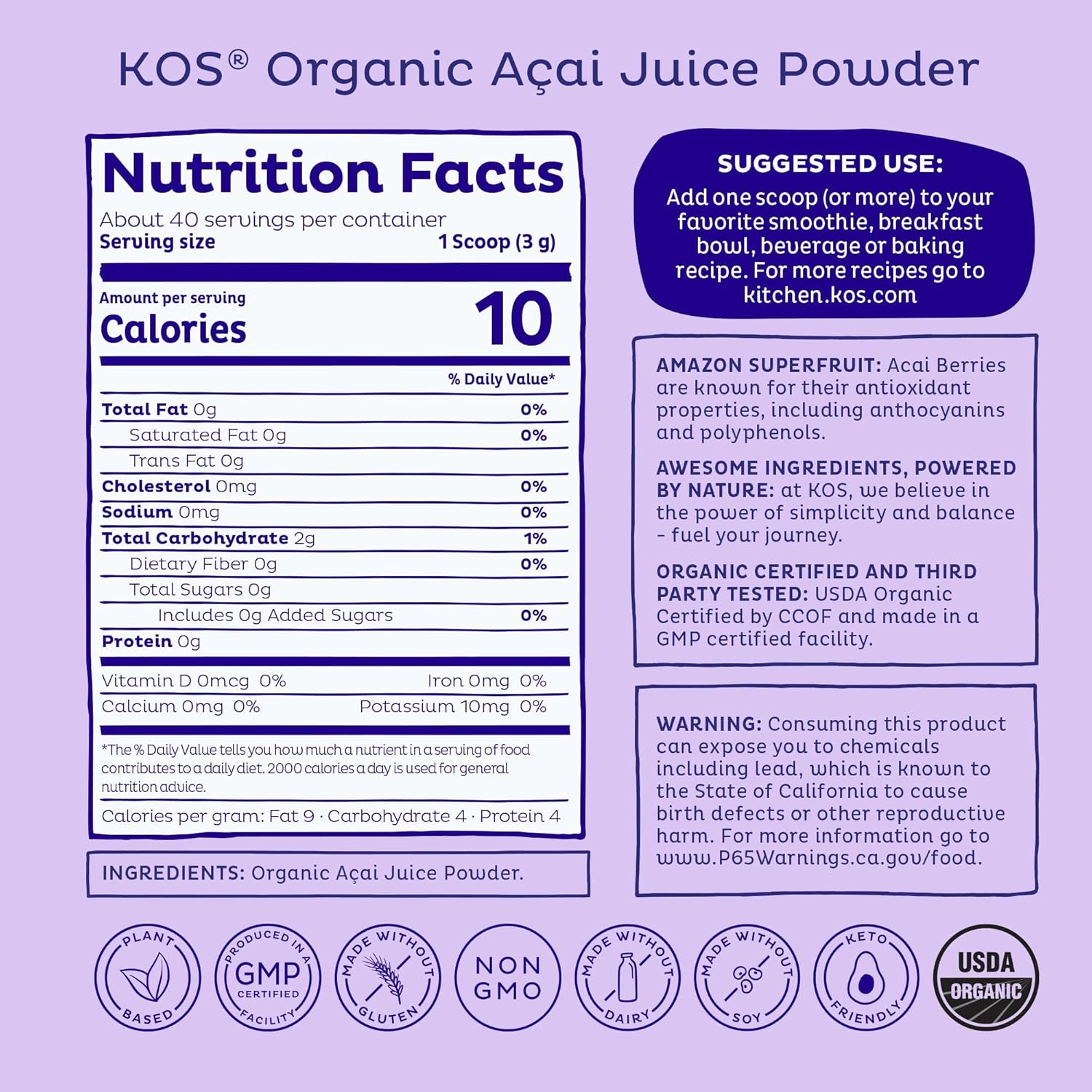 Organic Unsweetened Acai Powder - Antioxidant Superfood for Smoothies & Bowls - Gluten-Free & Non-GMO - 40 Servings