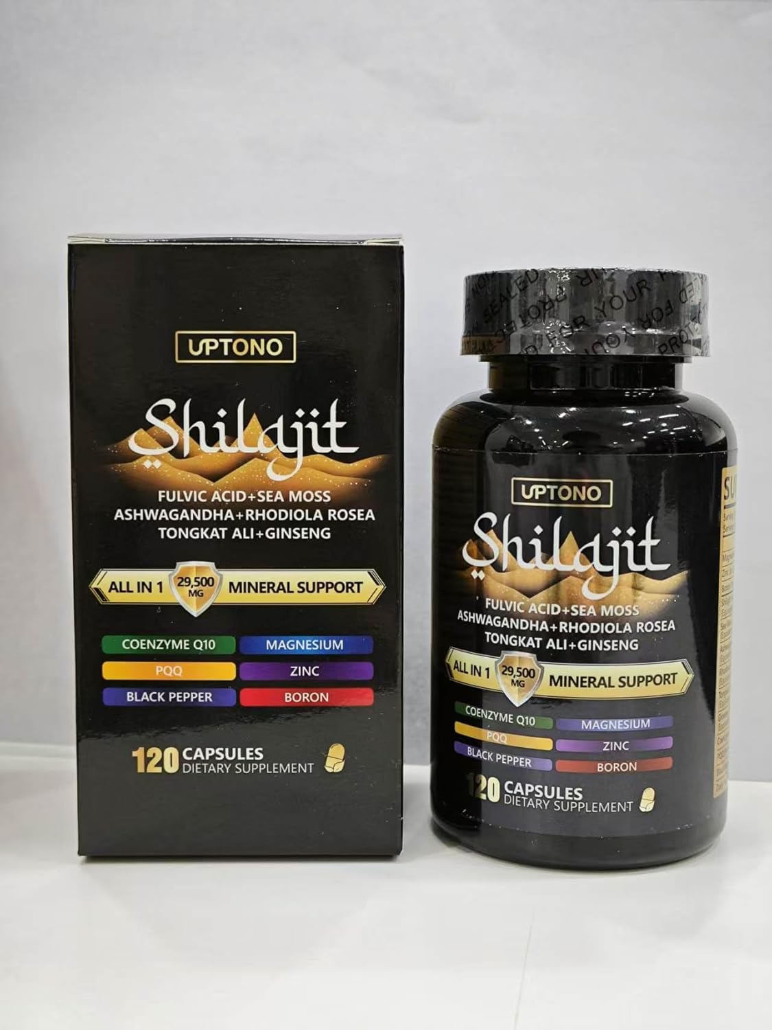 Organic UPTONO Shilajit Himalayan Capsules with Ashwagandha & Ginseng - 119 High-Potency Capsules for Men and Women