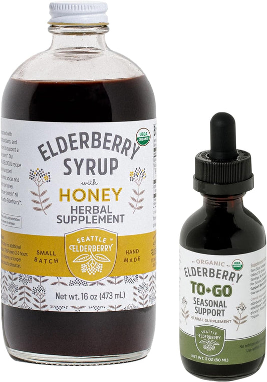Organic USA-Made Elderberry Herbal Supplement Starter Set - 16oz Syrup with Honey & 2oz To-Go Seasonal Support