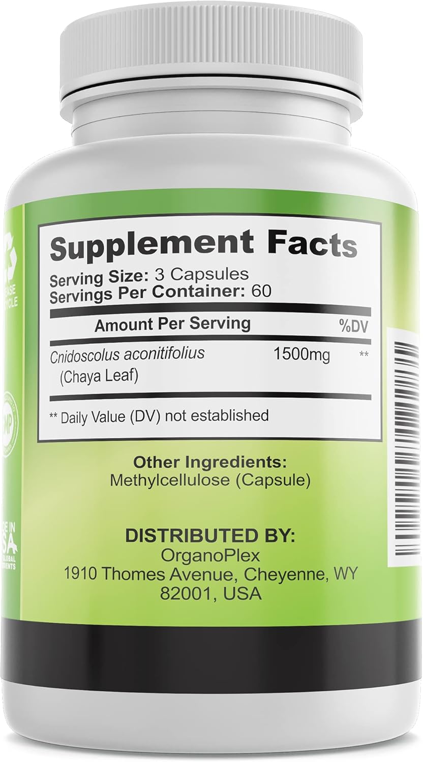 Organic V-HealthTech Chaya Leaf Powder in 180 Veggie Capsules - ORGANOPLEX Supplement