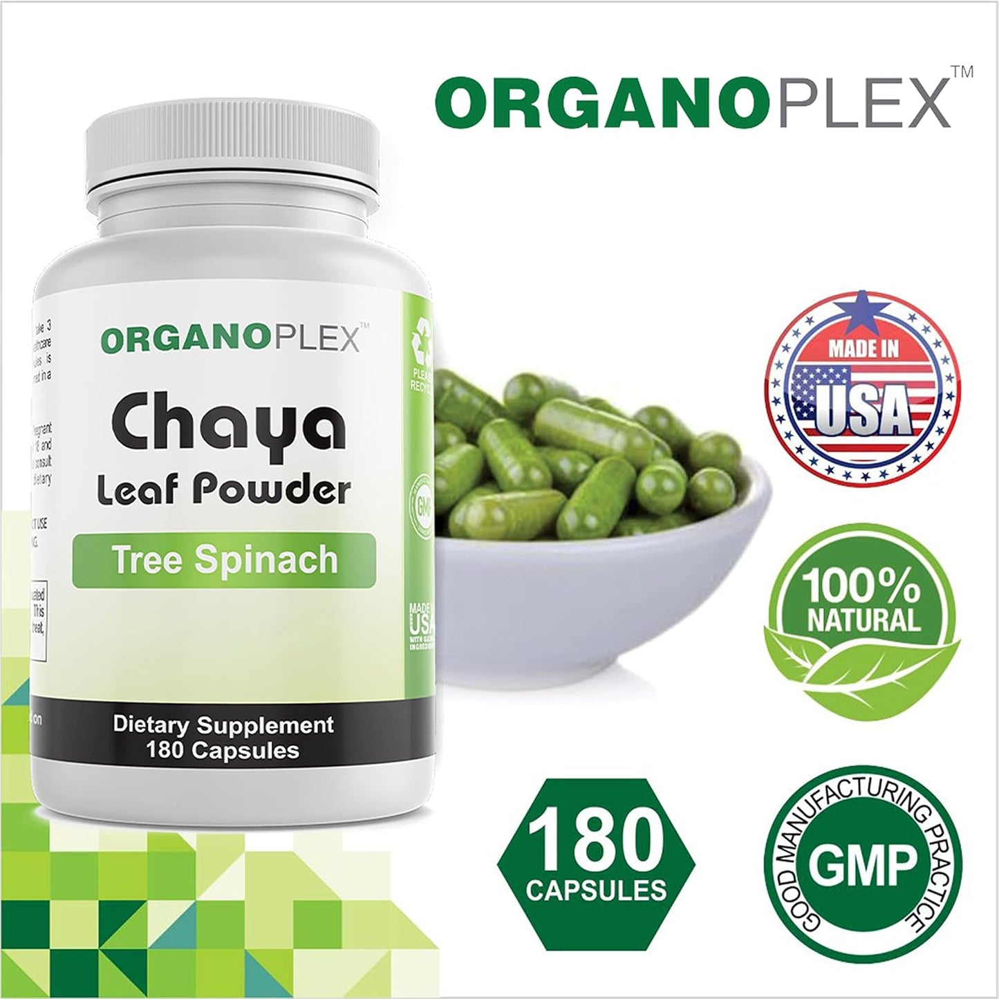 Organic V-HealthTech Chaya Leaf Powder in 180 Veggie Capsules - ORGANOPLEX Supplement