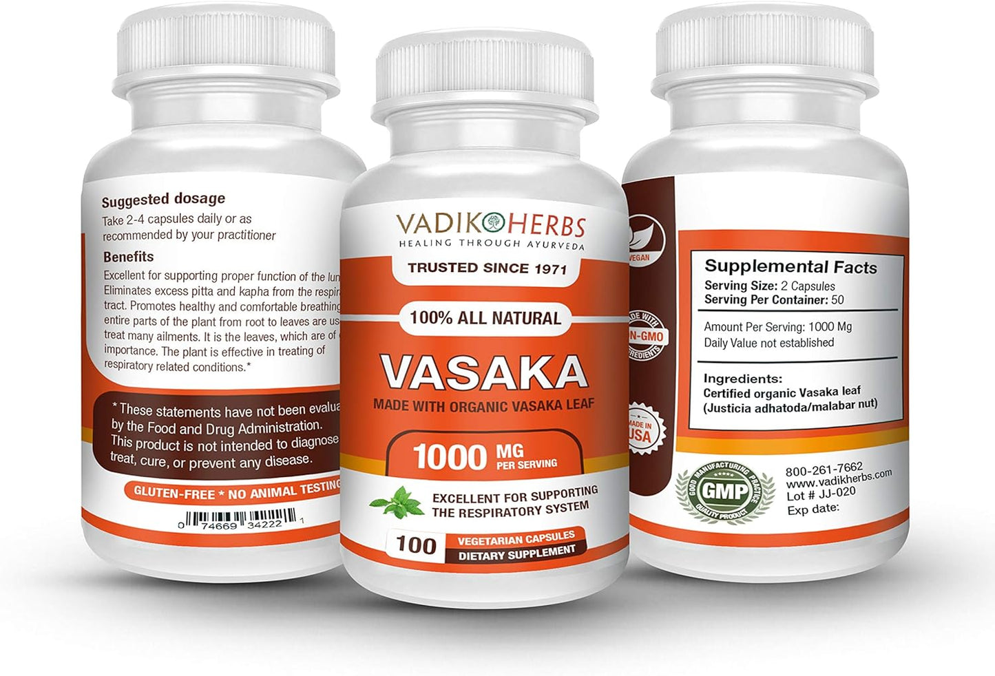 Organic Vadik Herbs Vasak Powder Capsules | Supports Lung Function & Respiratory Health | 100 Vegicaps | USA Made & Safety Tested