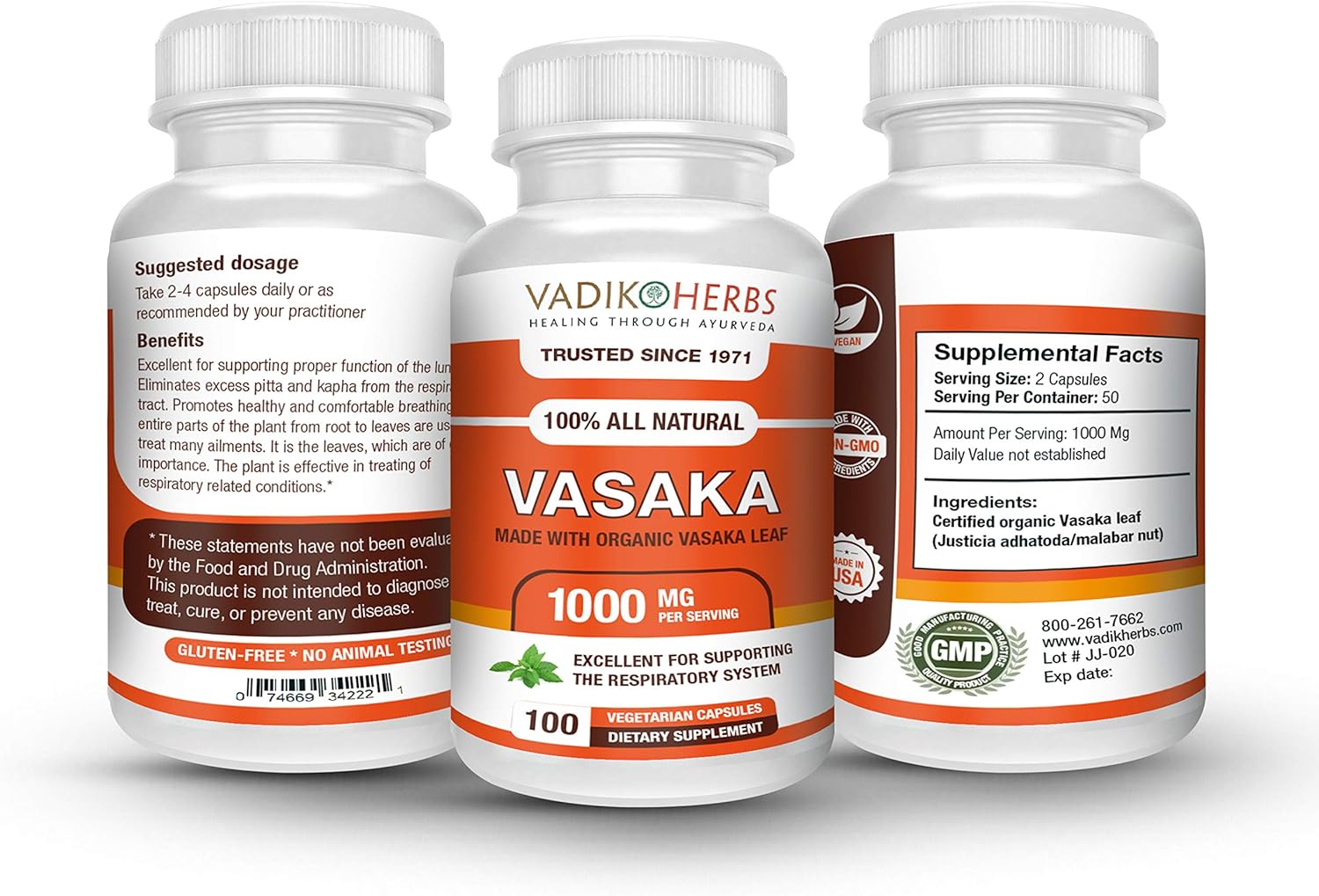Organic Vadik Herbs Vasak Powder Capsules | Supports Lung Function & Respiratory Health | 100 Vegicaps | USA Made & Safety Tested
