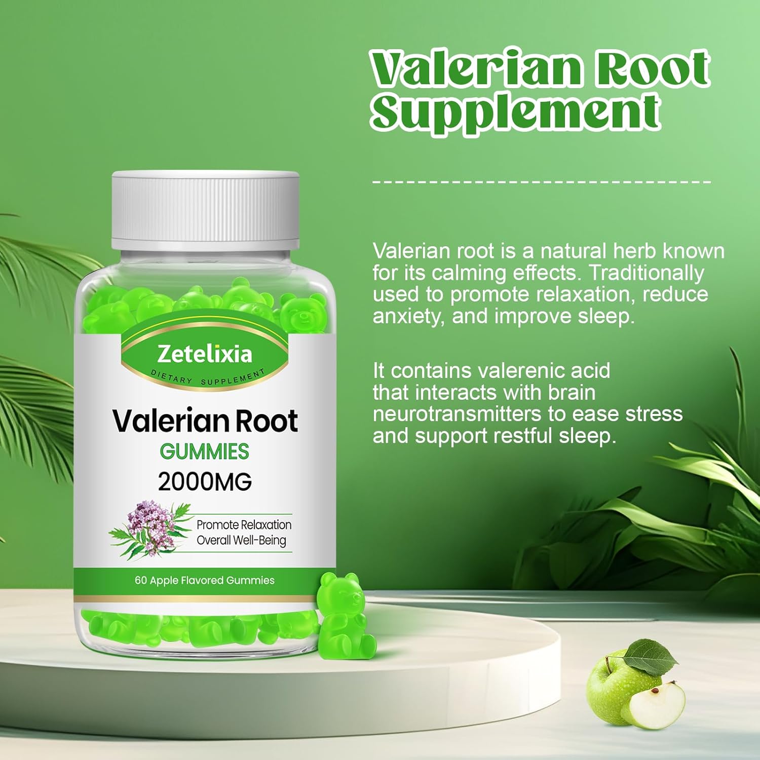 Organic Valerian Root Gummies for Relaxation & Mood Support - 2 Pack, Vegan Apple Flavor, Non-GMO Sleep Supplement, 120 Count