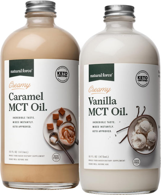 Organic Vanilla and Caramel Flavored MCT Oil Bundle - 2x 16oz Glass Bottles - Gluten-Free, Non GMO - Keto, Paleo, Vegan - Emulsified from Coconut