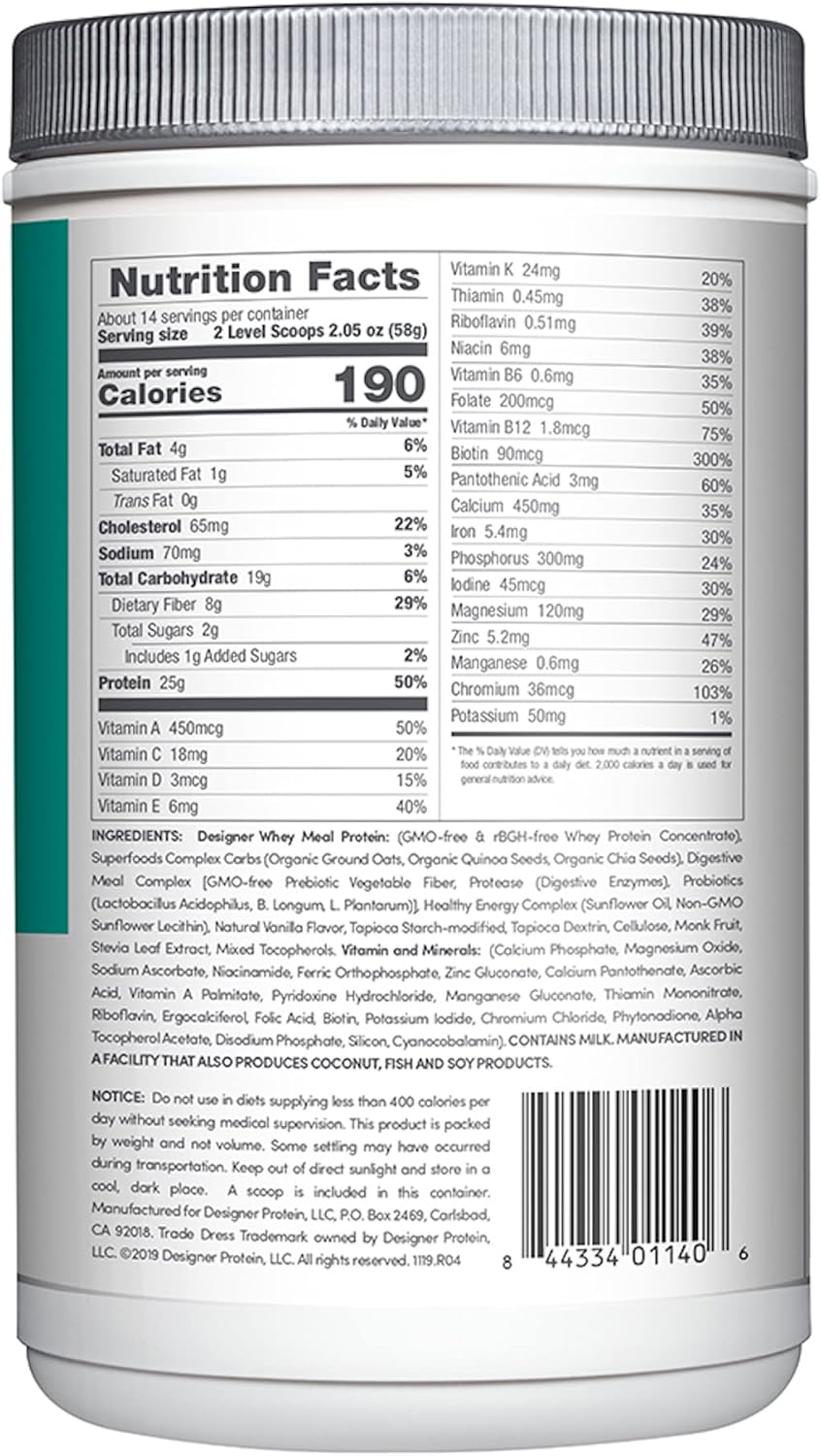 Organic Vanilla Bean Designer Whey Protein Meal Replacement Powder with Superfood Complex Carbs - 1.72 Pound